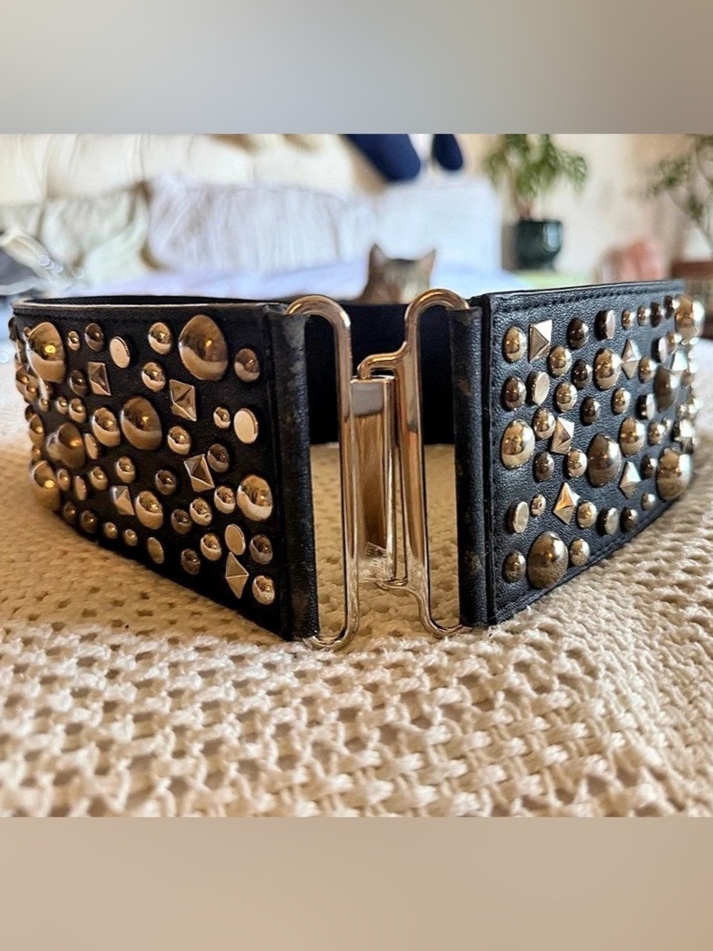 VTG Le Château Black & Mixed Metal Elastic Studded Statement Belt